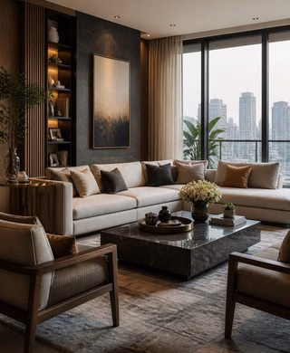 Contemporary luxury apartment living room with Gurugram skyline