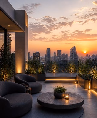 Private penthouse terrace overlooking Gurugram skyline at sunset
