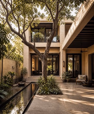 Modern luxury villa courtyard with mature tree and landscaped reflecting channel