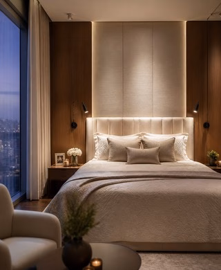 Luxury primary bedroom with warm timber panels and city view