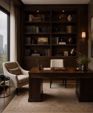 Private home study with timber library, desk and Gurugram city view