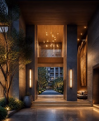 Landscaped double-height residential arrival lobby in Gurugram
